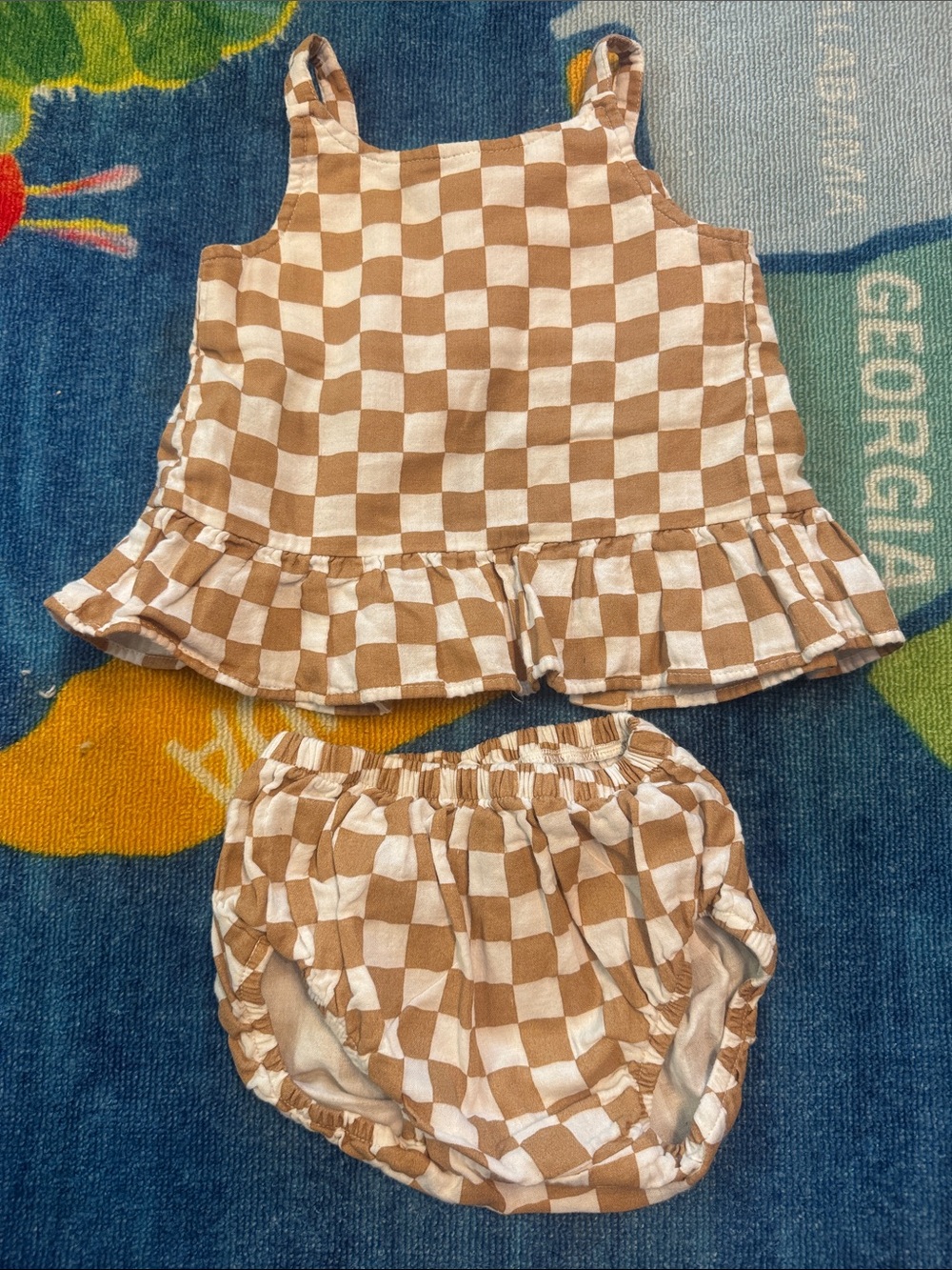 Unbranded Kids Brown & White Checkerboard Ruffle Tank with Bloomers